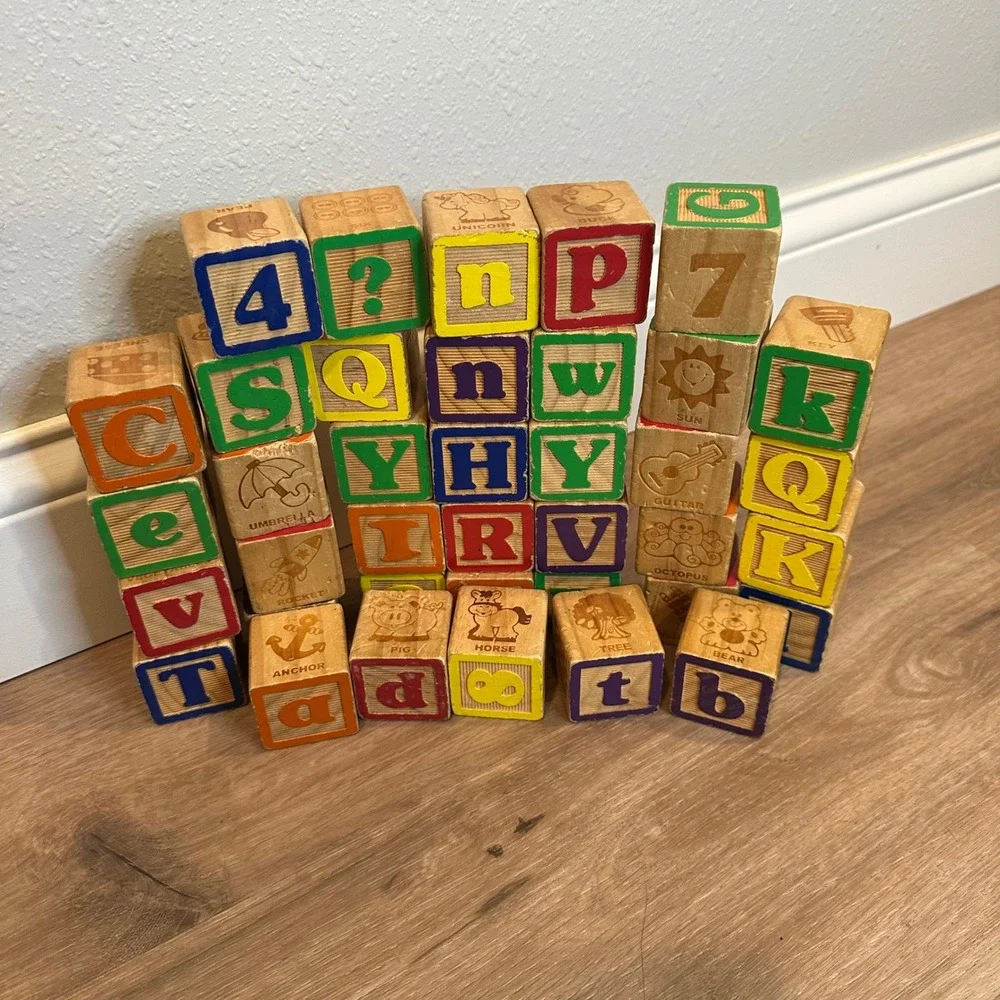 Wooden Alphabet Blocks Kids OS Multicolor Vintage Style Learning Toy STEM ECO